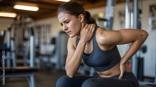 Young woman experiencing neck pain after workout in modern gym with equipment