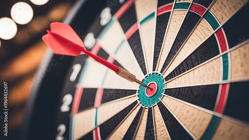 Close-up of red dart hitting bullseye on wooden dartboard with soft bokeh lighting