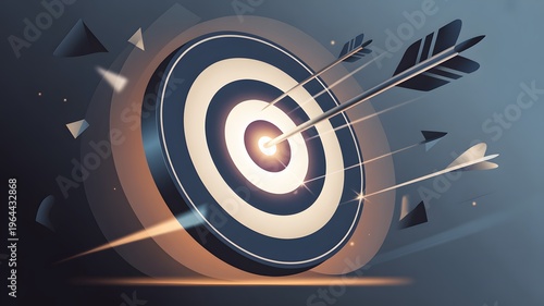 3d target with arrows hitting bullseye in dynamic motion blur for success and achievement concept