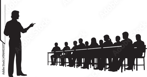 Businessman presenting, meeting silhouettes, conference room, black icons, office presentation