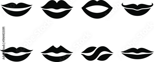 Eight black silhouette icons of lips in various shapes and expressions on a white background abstract