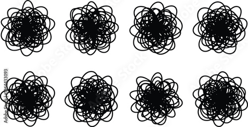 Eight Black Scribble Circle Shapes on White Background abstract tangle