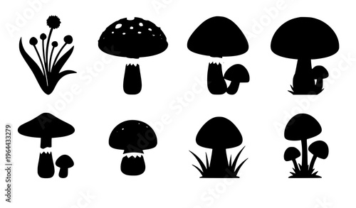 Woodland mushroom toadstool cartoon fungus vector illustration set