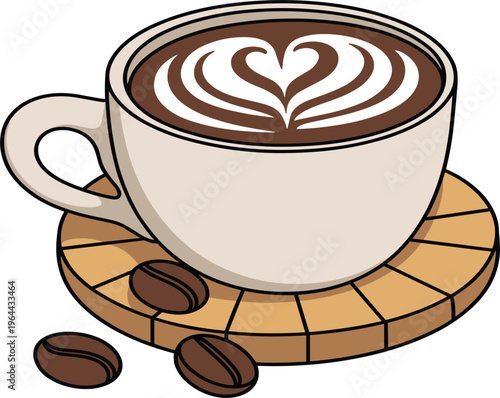 Coffee cup vector with heart latte art, hot cappuccino or espresso on wooden coaster with beans, on white
