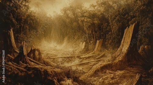 Devastated forest landscape after logging with fallen trees and stumps under harsh, dusty light