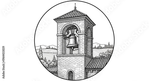 Detailed illustration of a classic bell tower with arched openings.