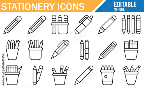 Stationery line icons set vector collection of office and school supplies including pencils pens notebooks scissors ruler eraser minimal outline editable stroke design isolated on white background