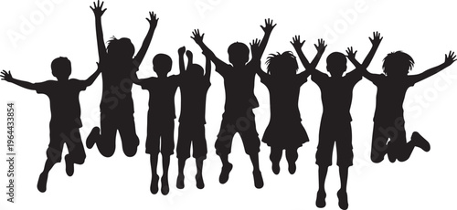 Jumping children silhouettes, happy kids illustration, black vector icons, joyful people graphics, kids jumping