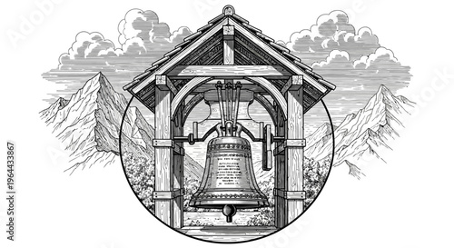Detailed Engraving of a Bell in a Wooden Structure.