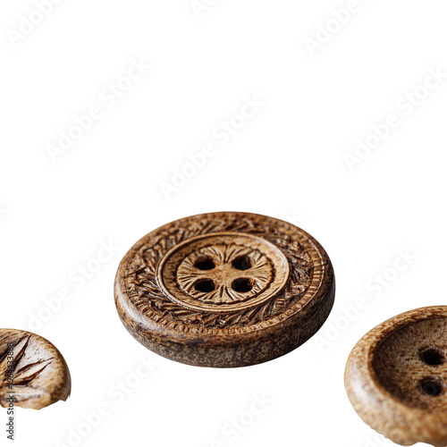 Thick handcrafted wooden buttons carved with simple designs isolated on transparent background
