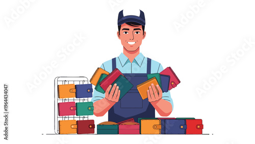 Wallet Display: A vibrant display of various colored wallets are displayed on the sales stand, showcased by a smiling shopkeeper. 