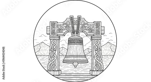 Detailed Line Art Drawing of a Bell in a Decorative Stand.
