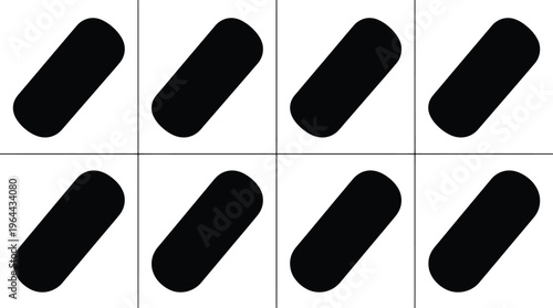 Eight identical black rounded rectangle shapes in diagonal orientation on a white background abstract