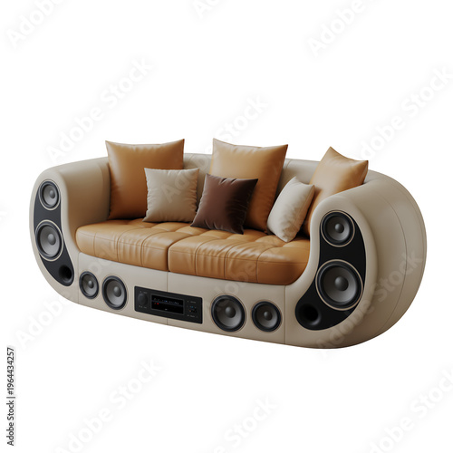 Beige couch with built-in speakers and pillows furniture living room isolated on a transparent background