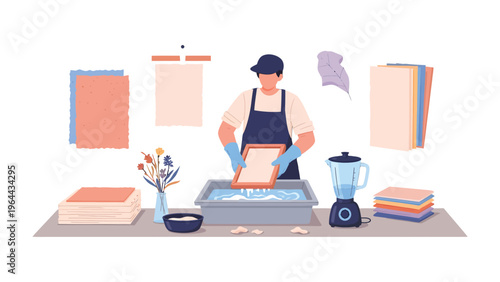Crafting Paper: A skilled artisan meticulously works on handmade paper, surrounded by tools and materials. This scene captures the artistry and patience of traditional paper-making.