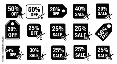 Collection of various discount tags and labels with percentage off and sale information, often accompanied by scissors.
