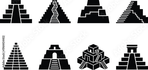 Eight Stylized Black Silhouettes of Ancient Step Pyramids and Structures vector illustration