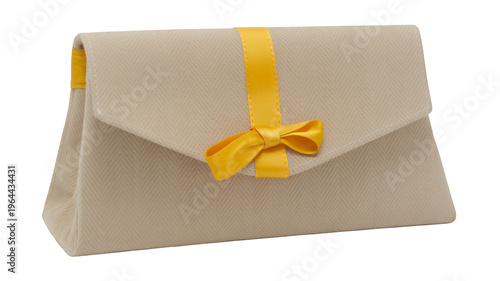 Beige clutch purse with yellow ribbon bow on black isolated on a transparent background