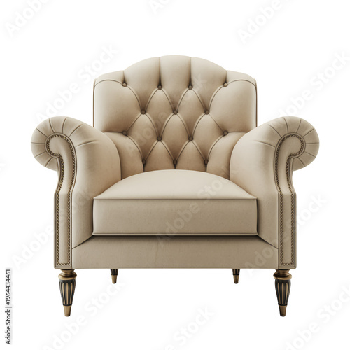 Beige tufted armchair with wooden legs and gold accents furniture isolated on a transparent background