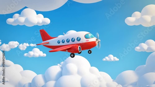 Cartoon airplane animation flying through fluffy white clouds against a bright blue sky perfect for childrens content and travel themes