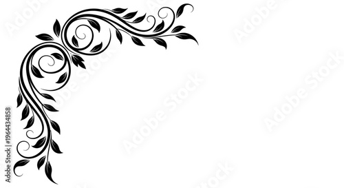 Elegant Black Floral Corner Ornament with Swirling Leaves and Decorative Flourish for Lower Left Section on Isolated White Background.