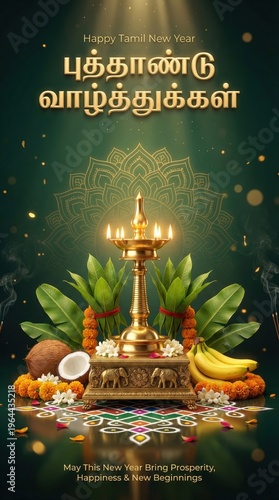 Happy Tamil New Year greeting with auspicious symbols including a golden lamp, banana, coconut, and marigold flowers on a decorative background