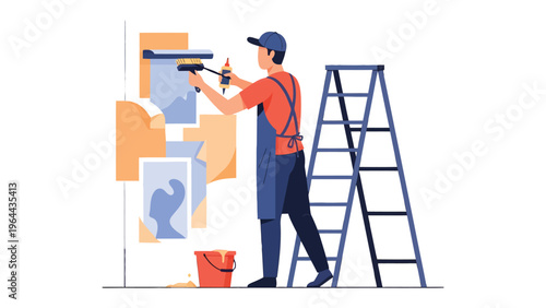 Wall Decor Installation: A skilled installer meticulously applying wallpaper on the wall, bringing design dreams to life. This image portrays the art of home improvement and renovation.