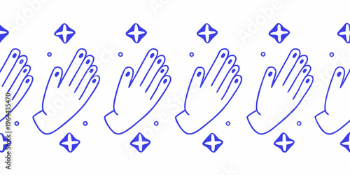 Repeating pattern of blue hands clapping with sparkling star shapes