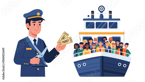 Ticket Collector on the Ferry: An official in a uniform checks tickets before people board a ferry, overseeing the smooth transition from shore to sea, the image conveys order and efficiency. 