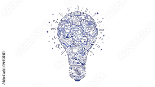 Idea Innovation: An intricate illustration of a light bulb brimming with various concepts, ideas, and innovation symbols, representing a burst of creativity and inventive thinking.