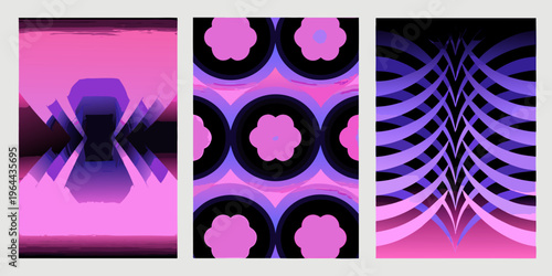 Abstract triptych featuring geometric shapes and vibrant pink and purple hues