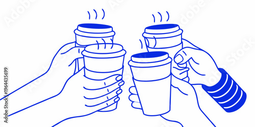 A group of hands raising coffee cups in a celebratory toast