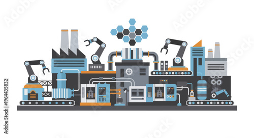Automated Factory Production Line with Robotic Arms and Machinery.