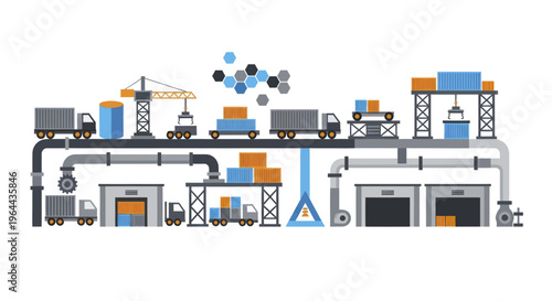 Automated factory production line with trucks and cranes.