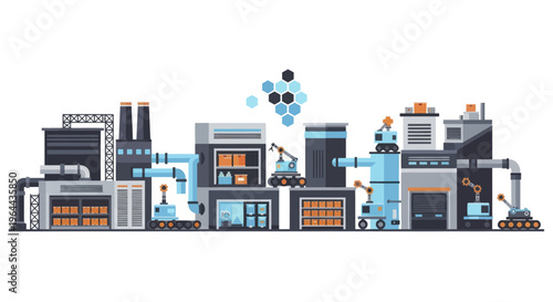 Automated Smart Factory with Robotic Arms and Conveyor Belts.