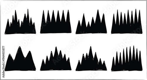 Set of eight black silhouette illustrations of stylized mountain peaks and jagged landscapes vector illustration