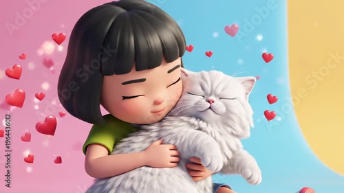 Cartoon girl hugging a white cat with hearts floating around depicting love and friendship in a colorful background