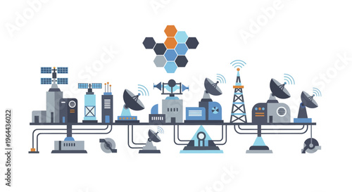 Global Communication Network with Satellite Dishes and Antennas.