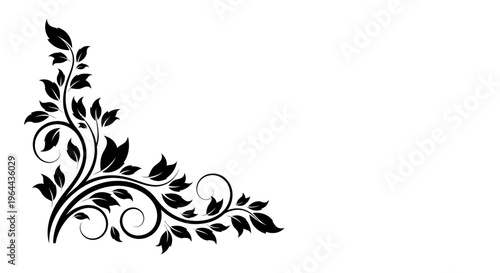 Elegant black floral corner design with swirling leaves and decorative tendrils on a white background.