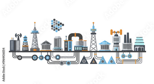 Industrial city infrastructure with interconnected buildings and communication towers.