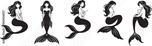 Stylized mermaid various silhouette collection,  fantasy sea creature design logo style, body is simplified with minimal detail modern flat vector design.