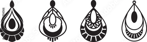 Dangling teardrop earring silhouette collection, vintage Jewelry, earring templates ideas, hanging earring outline flat vector design.