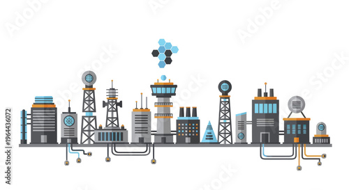 Industrial complex with communication towers and factories.