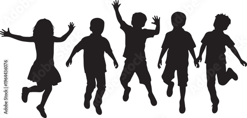 Black silhouettes of happy children jumping, kids playing, fun exercise, active lifestyle vector icons