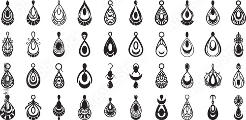 Dangling teardrop earring silhouette collection, teardrop-shaped, earring templates ideas, hanging earring outline flat vector design