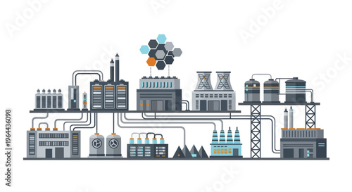 Industrial complex with interconnected buildings and pipelines.