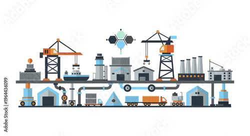 Industrial complex with factories and transportation elements.