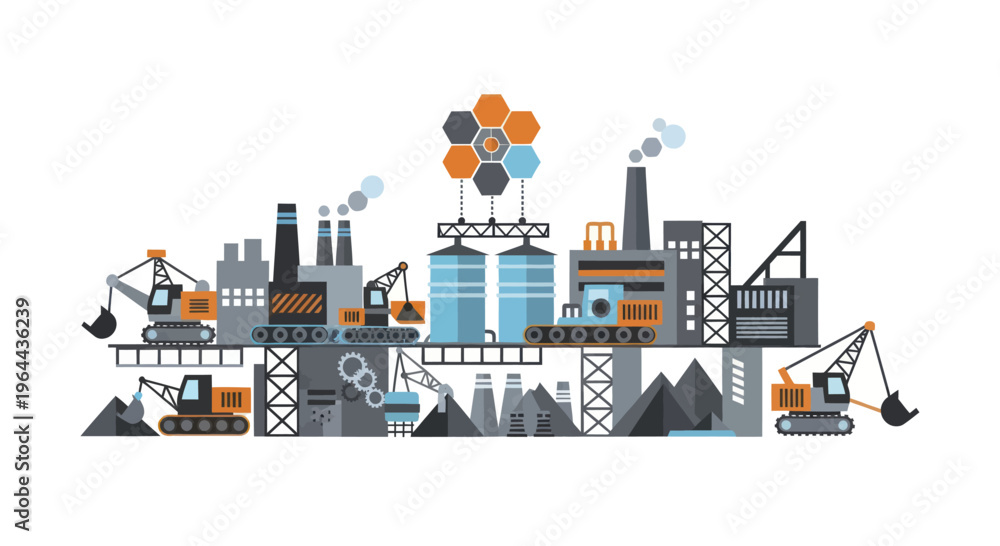 Naklejka premium Industrial Factory Complex with Machinery and Construction Elements.