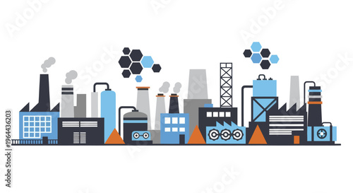 Industrial factory buildings emitting smoke pollution cityscape illustration.