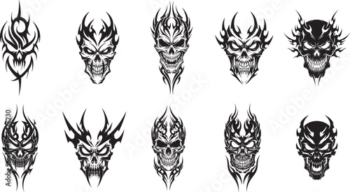 Monstrous skull silhouette collection,  jagged teeth in a wide grin, tribal skull design flat vector design.